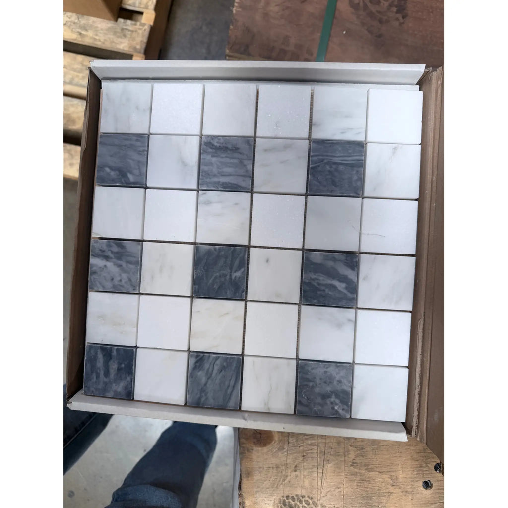 Square mosaic tile panel with polished Bardiglio Nuvolato white and dark gray marble like squares for interior use