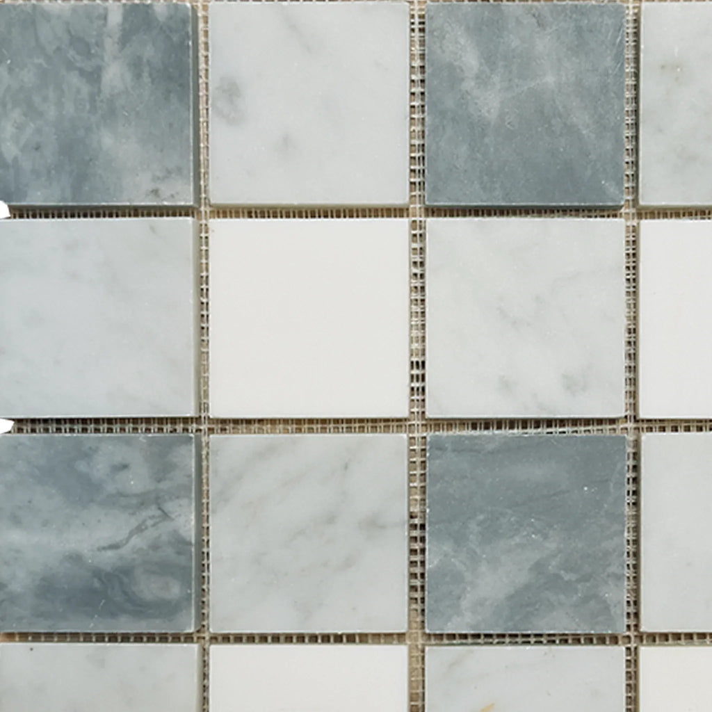 Square marble mosaic tile sheet featuring Bardiglio Nuvolato and Thassos in 2X2 size