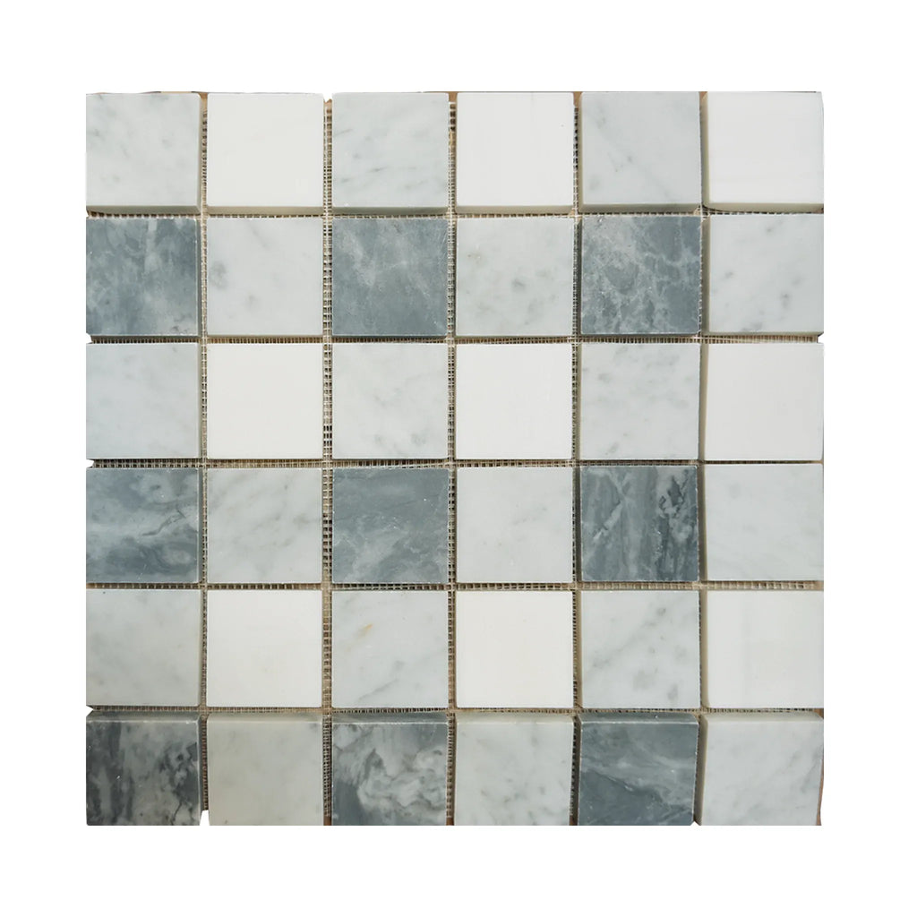 Square mosaic tile sheet of Bardiglio Nuvolato Thassos Oriental White 2X2 polished or honed