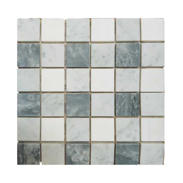 Square mosaic tile sheet of Bardiglio Nuvolato Thassos Oriental White 2X2 polished or honed
