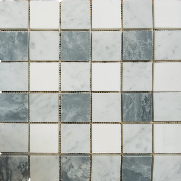 Square mosaic tile pattern featuring Bardiglio Nuvolato, Thassos, and Oriental White