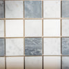 Square marble tile mosaic featuring Bardiglio Nuvolato Thassos Oriental White 2X2