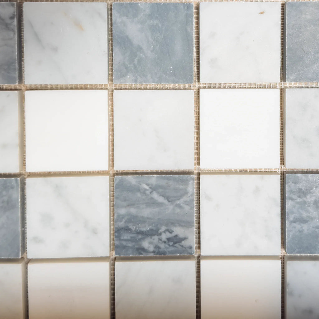 Square marble tile mosaic featuring Bardiglio Nuvolato Thassos Oriental White 2X2