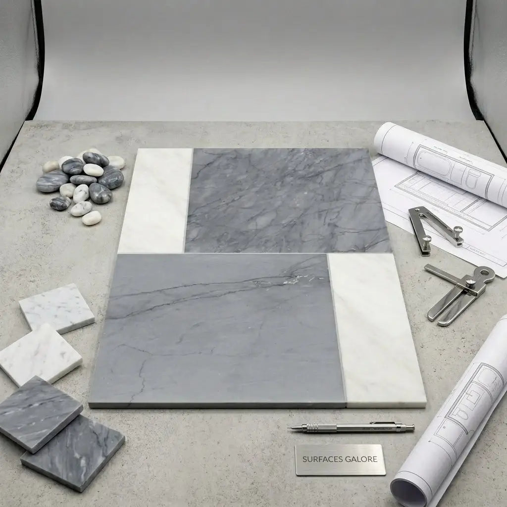 Bari marble tile samples in bardiglio imperiale gray and carrara white arranged in geometric pattern