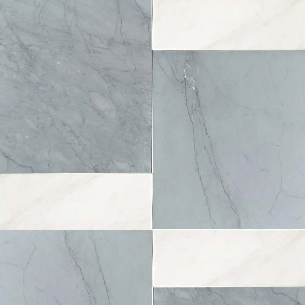 Gray and white marble tile pattern in Bari Bardiglio Imperiale and Carrara White set