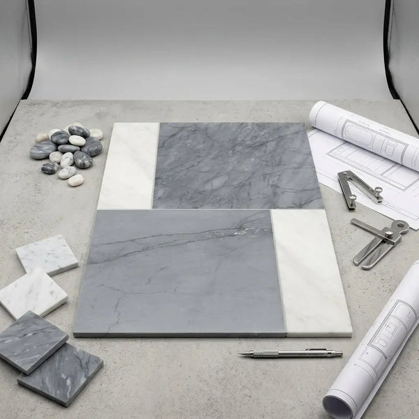 Gray and white marble tile samples in bari bardiglio imperiale 12x12 and carrara white 4x12 arranged geometrically
