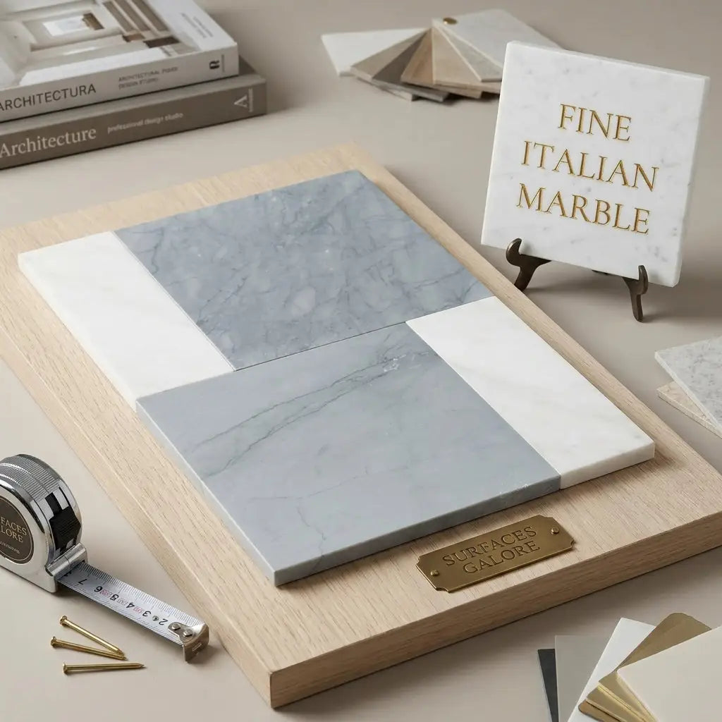A sleek rectangular slab of bari italian marble with soft gray veining and polished carrara white edges in bardiglio imperiale set