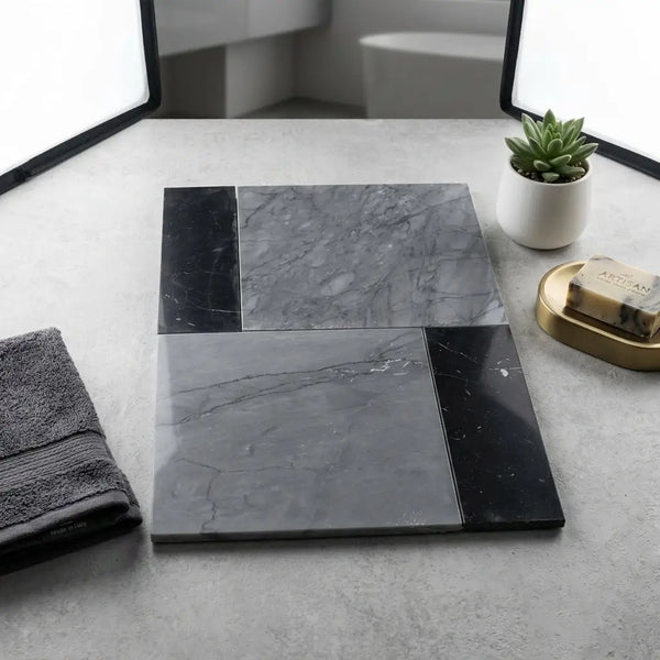 Set of four sleek modern bathroom tiles in bari bardiglio imperiale 12x12 and nero marquina 4x12 with marble veining