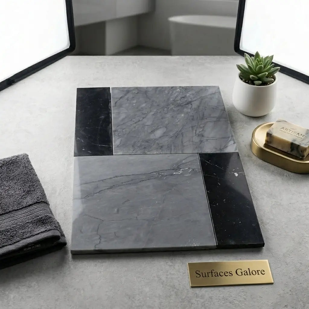 Set of modern gray and black marble bathroom tiles in geometric pattern bari in bardiglio imperiale and nero marquina