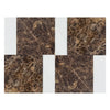 Brown marble tile arrangement featuring Bari in Emperador Dark and Carrara White set