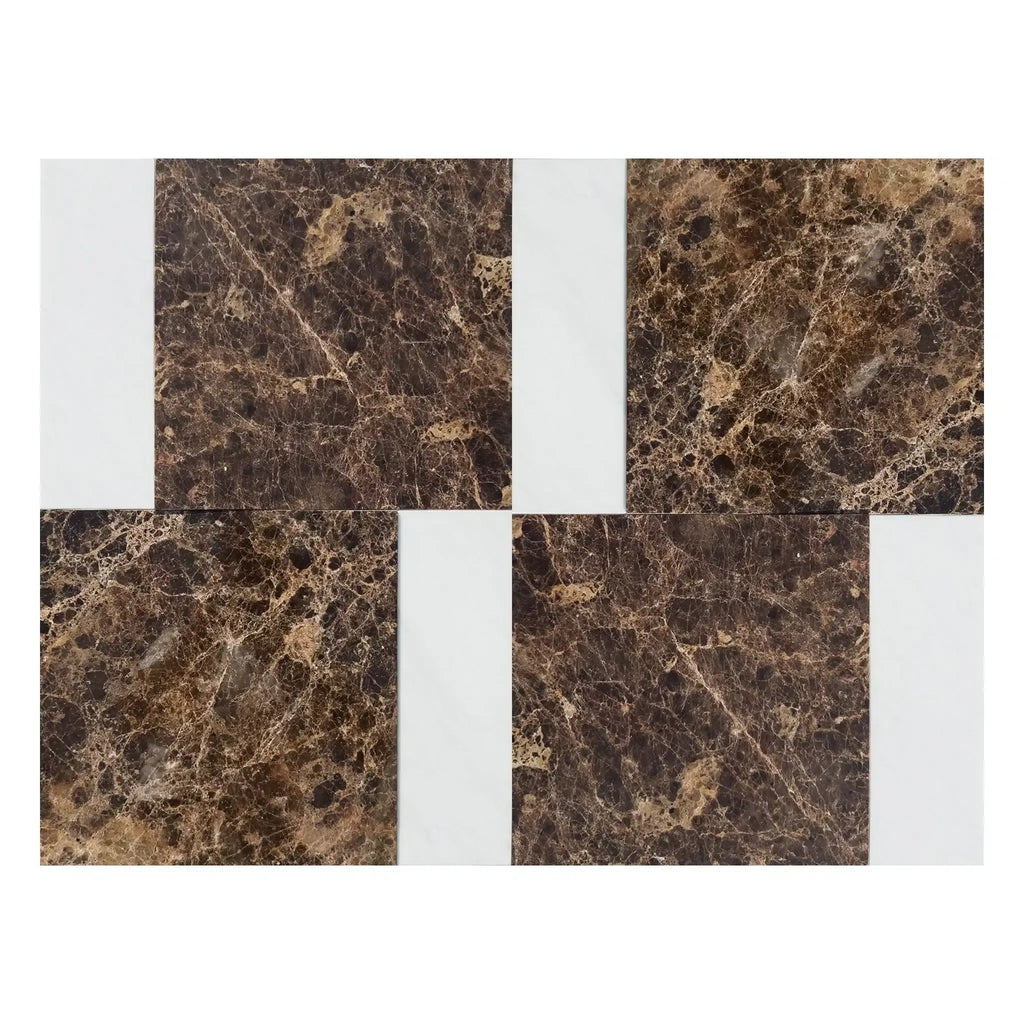 Brown marble tile arrangement featuring Bari in Emperador Dark and Carrara White set