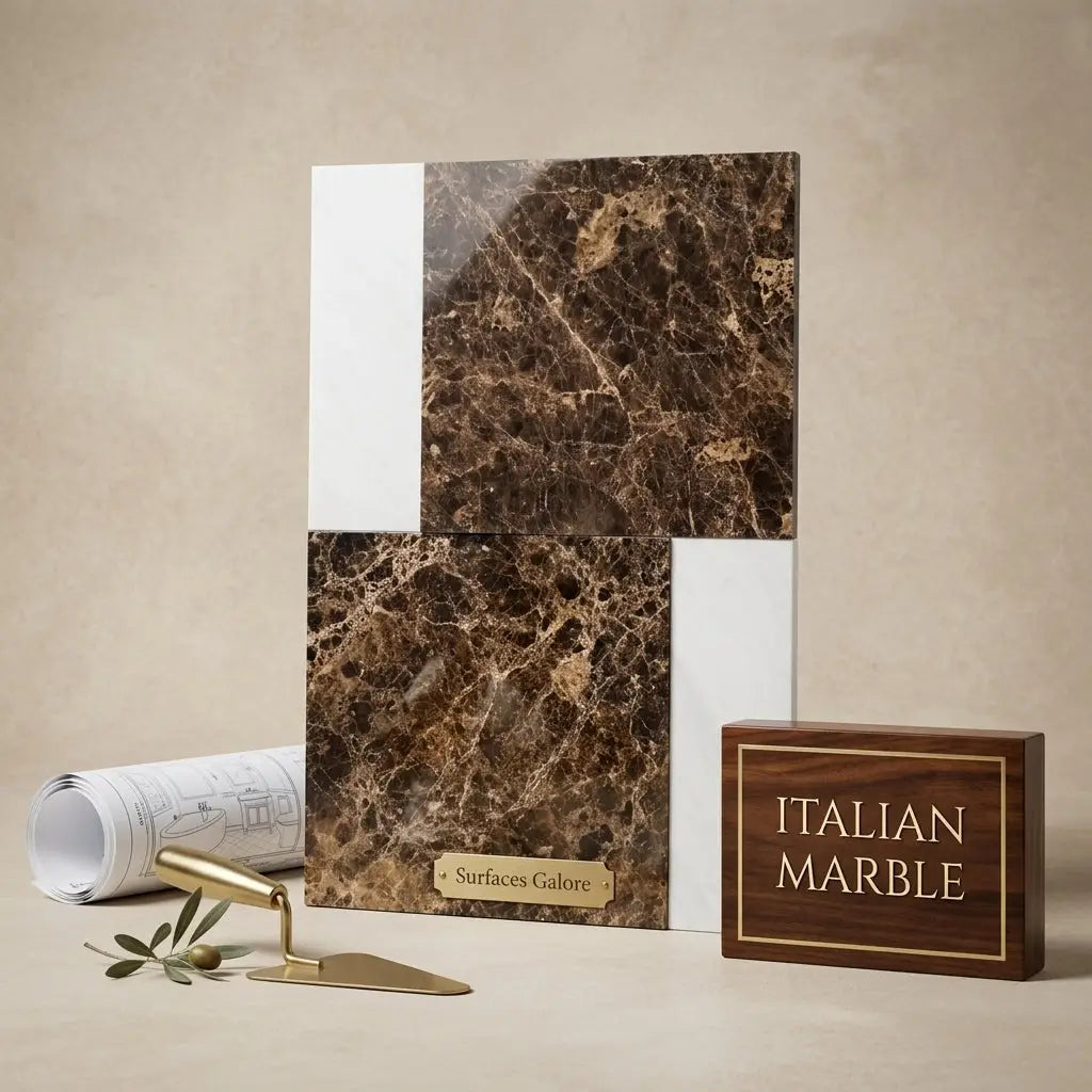 Italian marble samples Bari in Emperador Dark 12x12 and Carrara White 4x12 set with rich brown veining polished surfaces in white frame