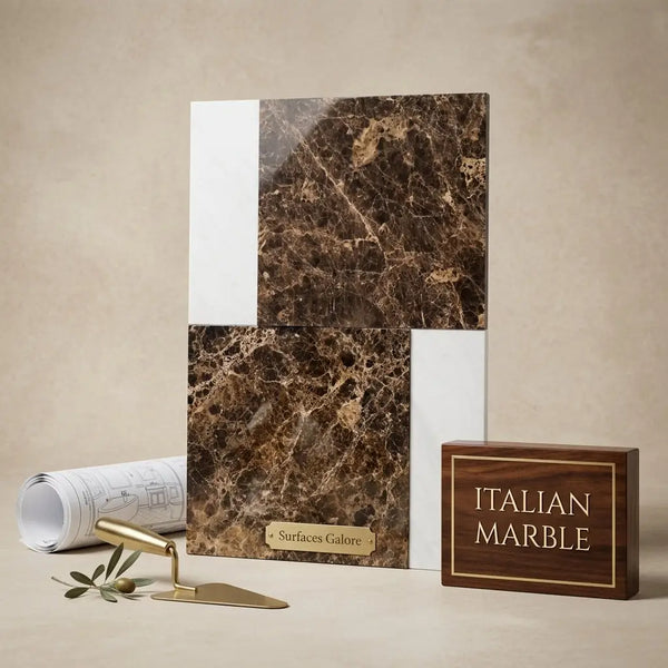 Italian marble samples Bari in Emperador Dark 12x12 and Carrara White 4x12 set with rich brown veining polished surfaces in white frame