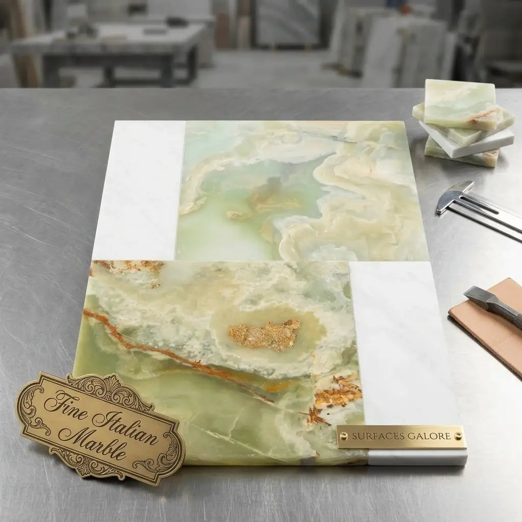 A rectangular slab of fine Italian onyx marble in pale green with creamy white and golden veining from Bari set