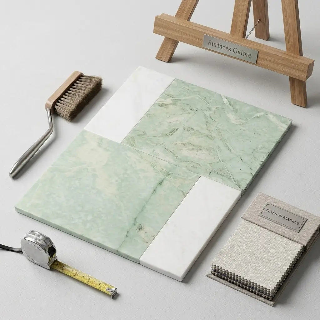 A rectangular light green ming green marble slab with subtle veining and polished surface beside carrara white marble samples
