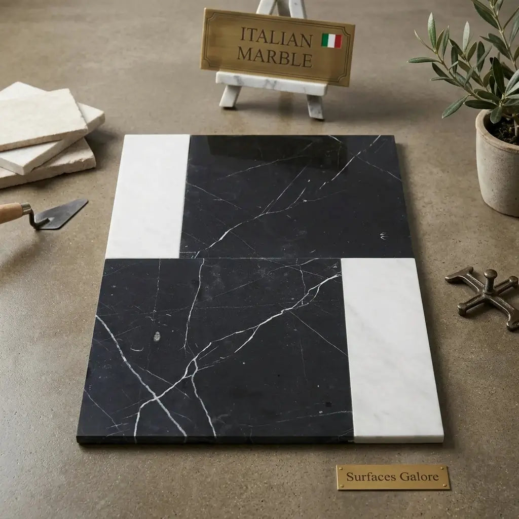 Black and white Italian marble tile Bari in Nero Marquina 12x12 and Carrara White 4x12 set with geometric veining pattern