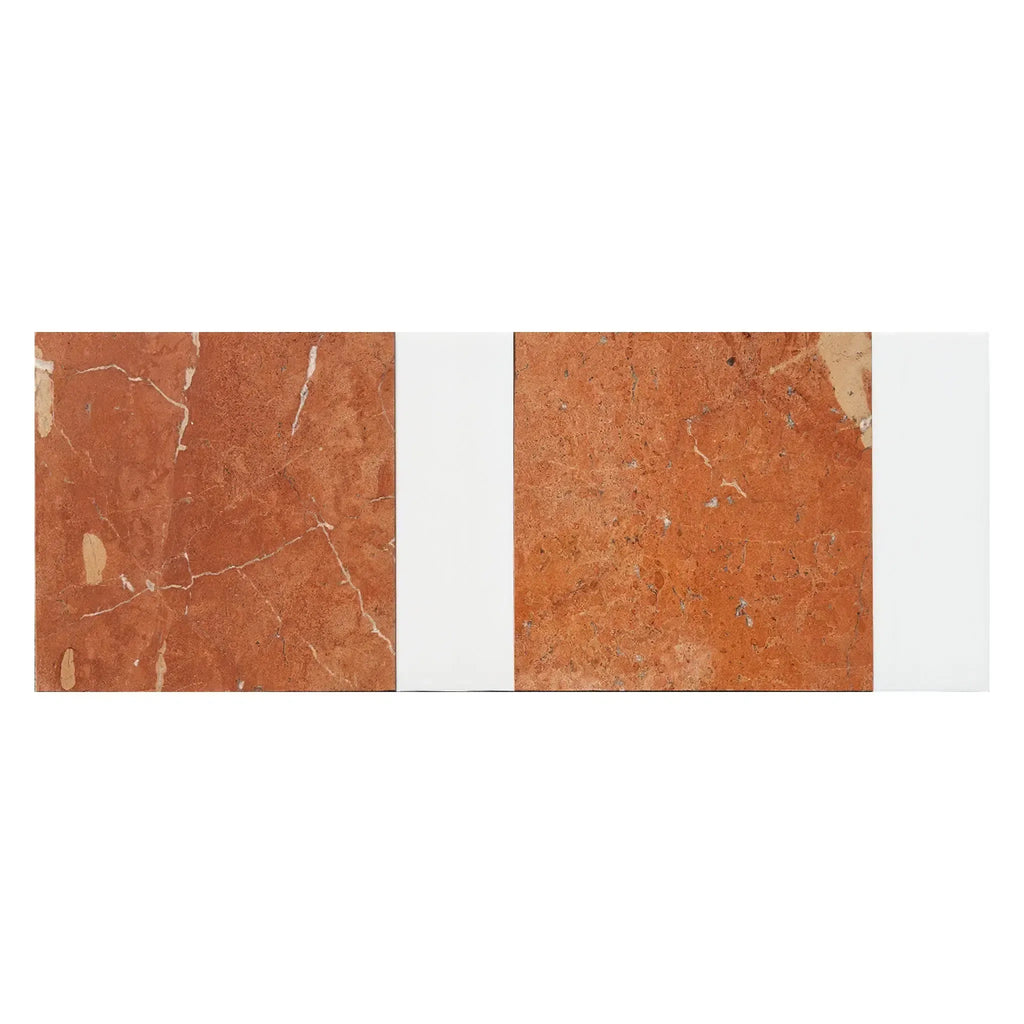 Two red Bari in Rojo Alicante tiles with white spacers, showcasing elegant design