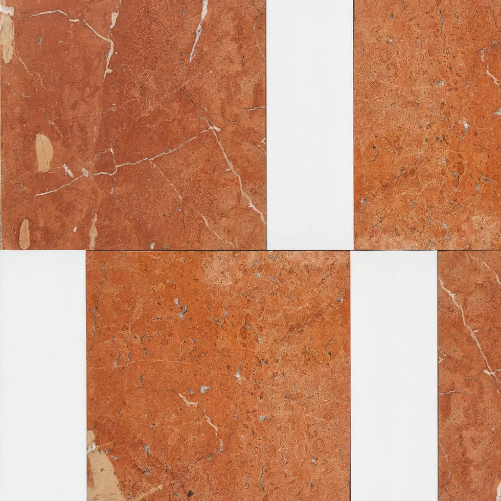 Red marble tile pattern from Bari in Rojo Alicante 12X12 and Bianco Dolomite 4X12 Set