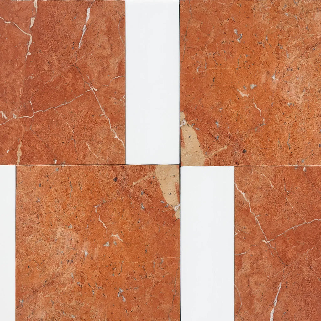 Red marble tile pattern of Bari in Rojo Alicante 12X12 and Bianco Dolomite 4X12 Set