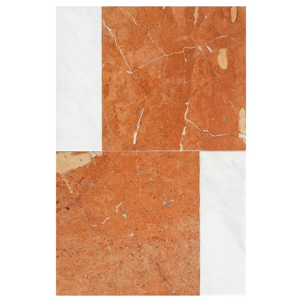 Orange and white marble tile pattern for Bari in Rojo Alicante 12X12 and Carrara White 4X12 Set