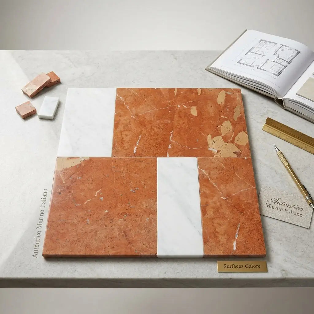 A polished orange and white marble tile panel bari in rojo alicante and carrara white with geometric natural veining pattern