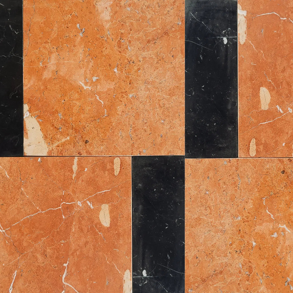 Orange and black marble tile pattern from Bari in Rojo Alicante and Nero Marquina set
