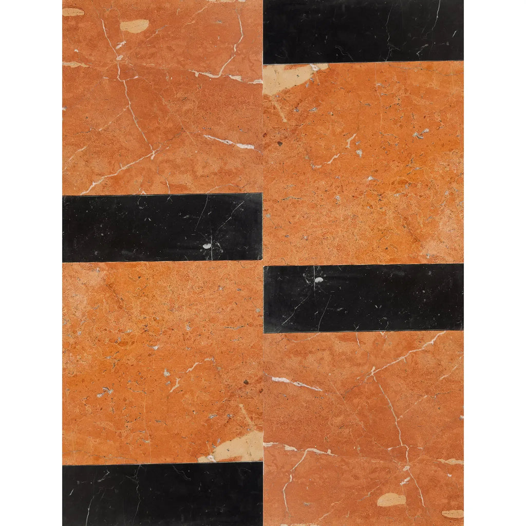 Orange and black marble pattern in Bari in Rojo Alicante 12X12 and Nero Marquina 4X12 Set