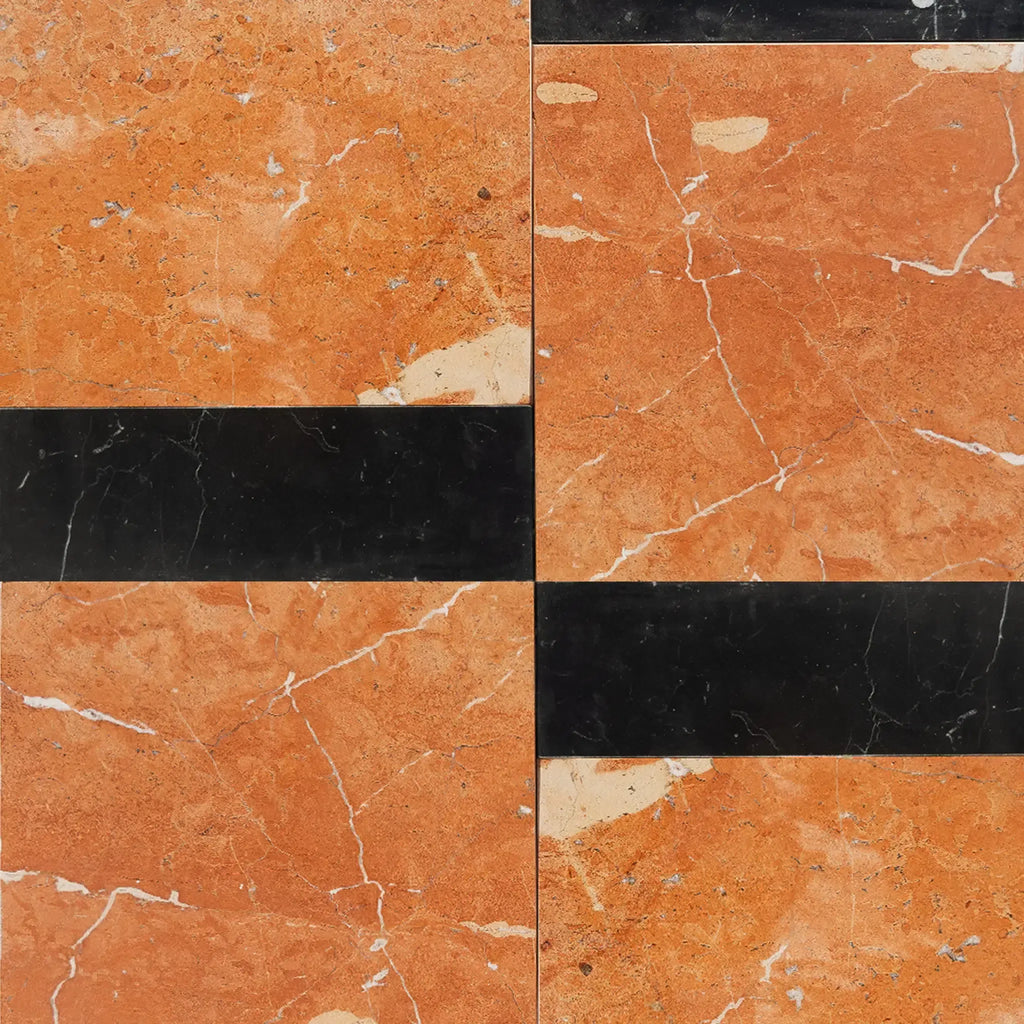Orange and black marble tile pattern in Bari in Rojo Alicante 12X12 and Nero Marquina 4X12 Set