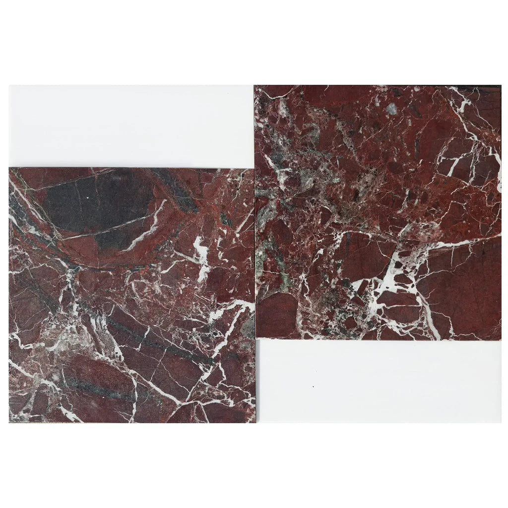 Red marble tile arrangement featuring Bari in Rosso Levanto and Bianco Dolomite set