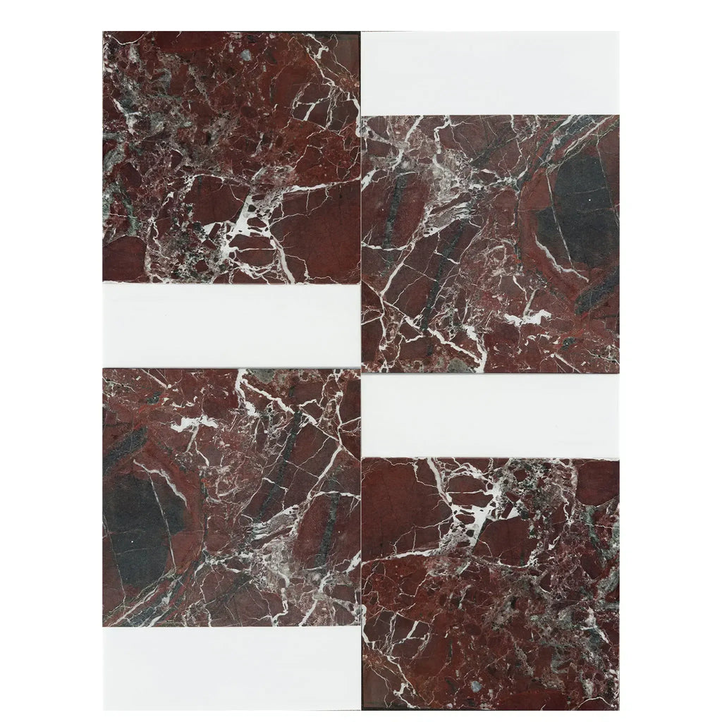 Red marble tile with white accents from Bari in Rosso Levanto and Bianco Dolomite set