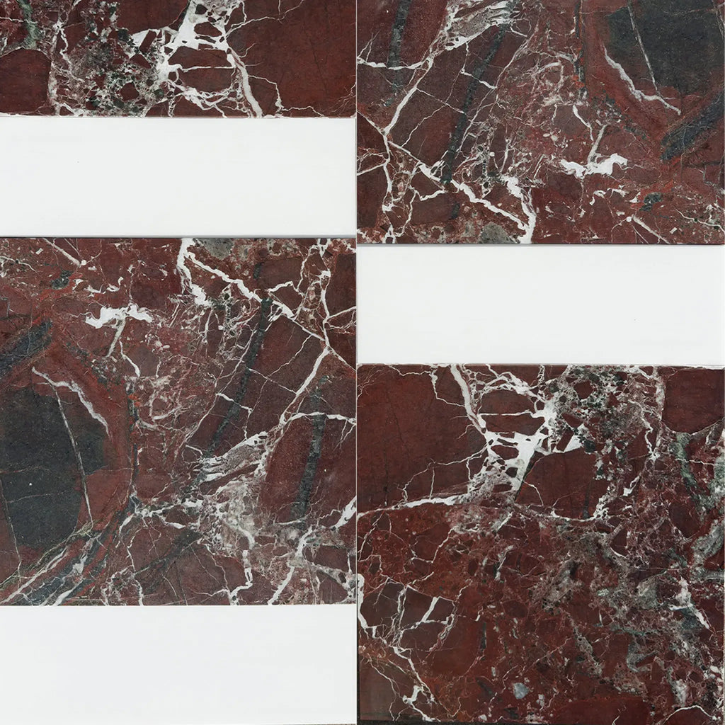 Red marble tile pattern with white accents in Bari in Rosso Levanto and Bianco Dolomite Set