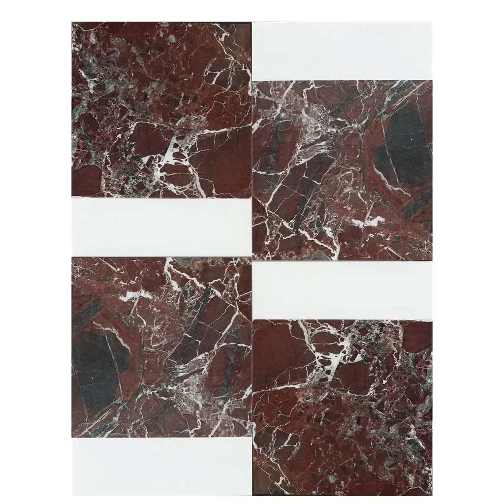 Red marble tile with white accents from Bari in Rosso Levanto and Bianco Dolomite set