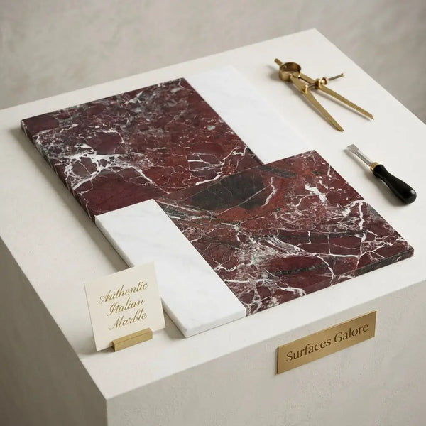 Rich burgundy breccia vino marble slabs with white veining and polished carrara white marble tiles in 12x12 and 4x12 sizes