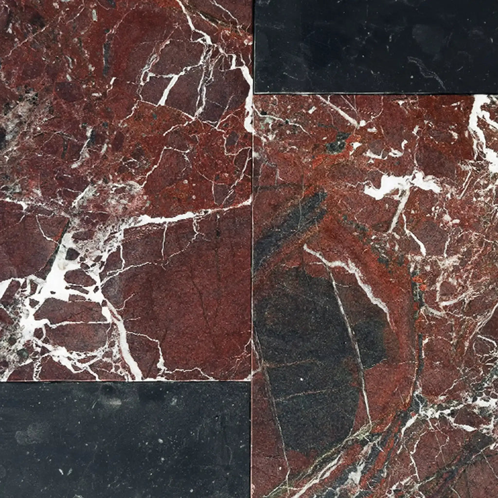 Polished red and black marble tiles in Bari in Rosso Levanto and Nero Marquina set