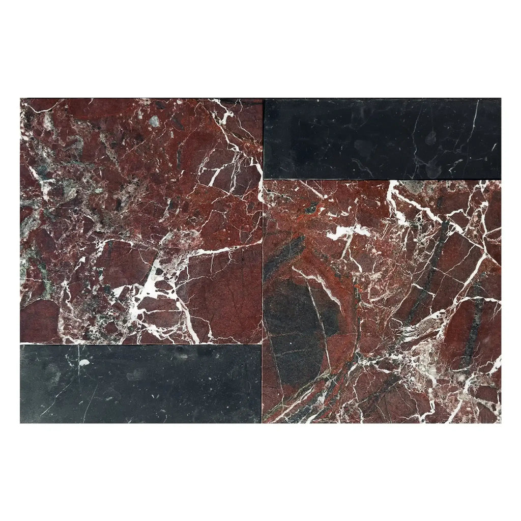 Polished red Rosso Levanto and black Nero Marquina marble tiles in Bari set