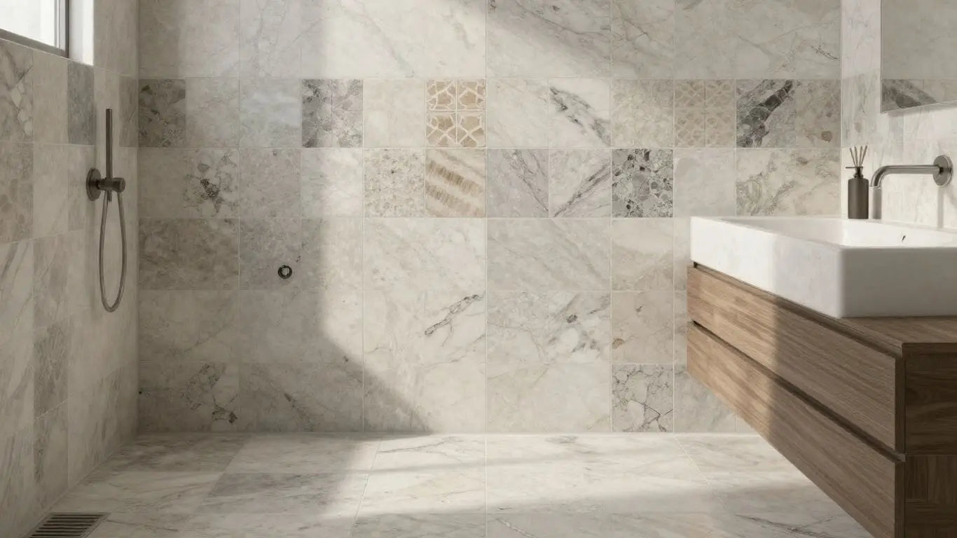 Boceto de un baño moderno con baldosas de cuarzo.