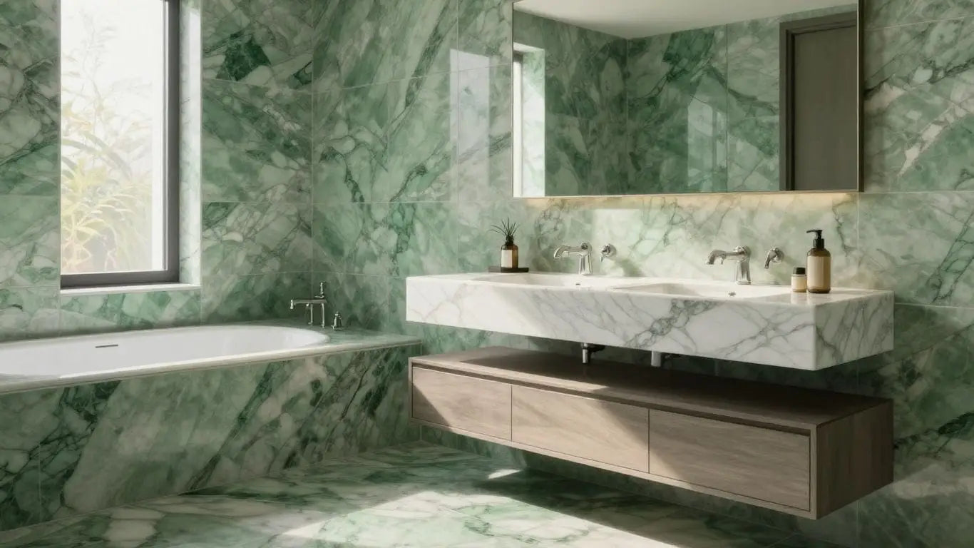 Ming green marble tiles in a bathroom setting.