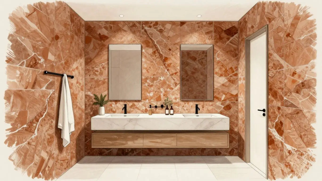 Sketch of Scabos travertine tiles in a luxury bathroom.