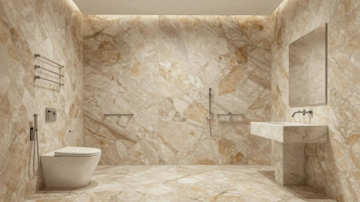 Scala Nova Travertine tiles in a bathroom sketch.