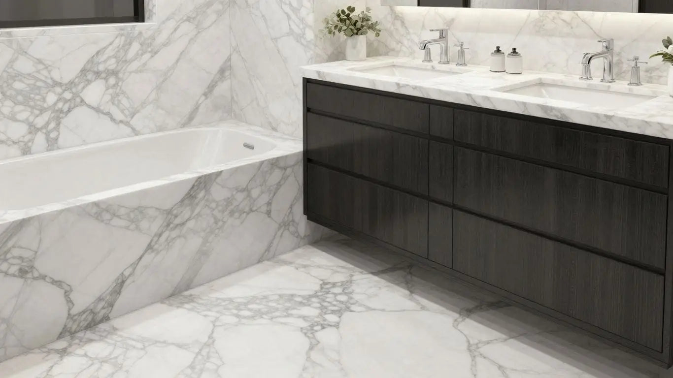 Volakas marble vanity and flooring in a bathroom.