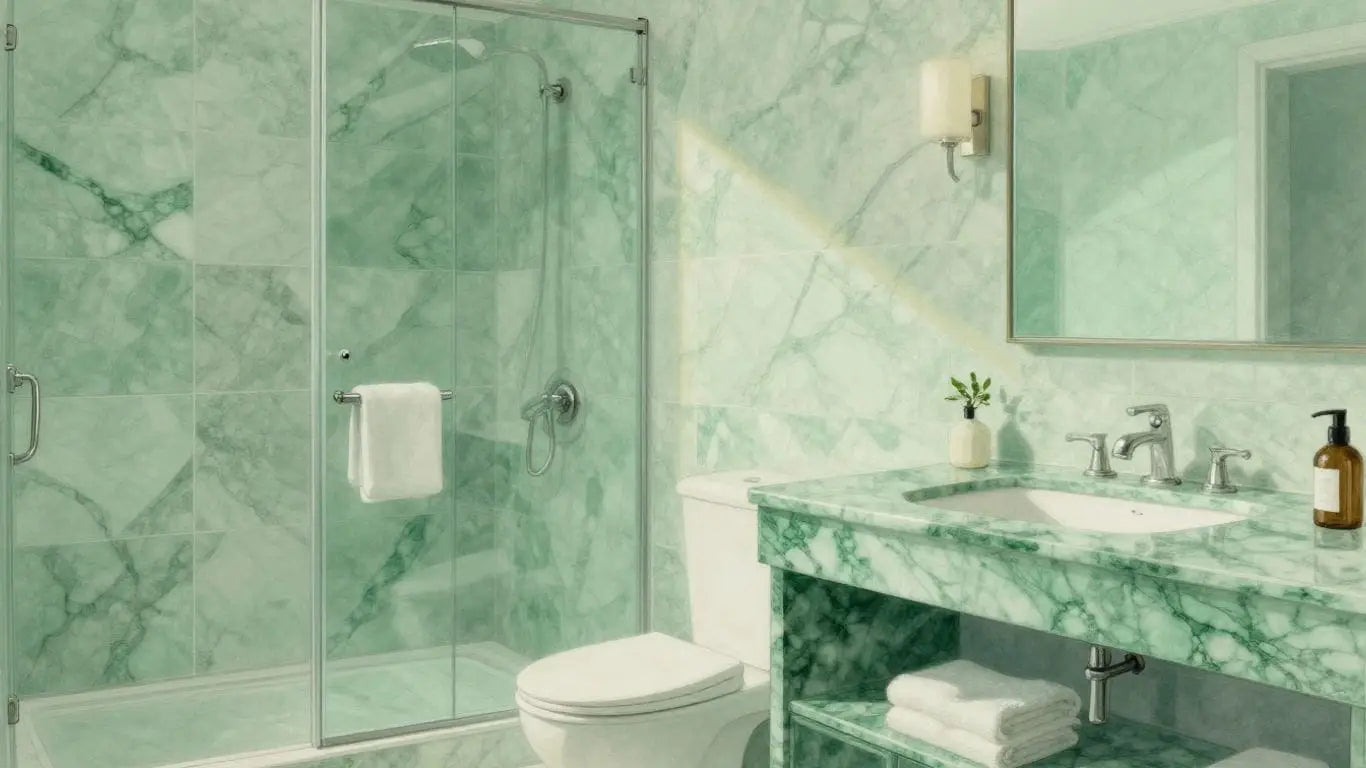 Ming green marble vanity and shower in a serene bathroom.