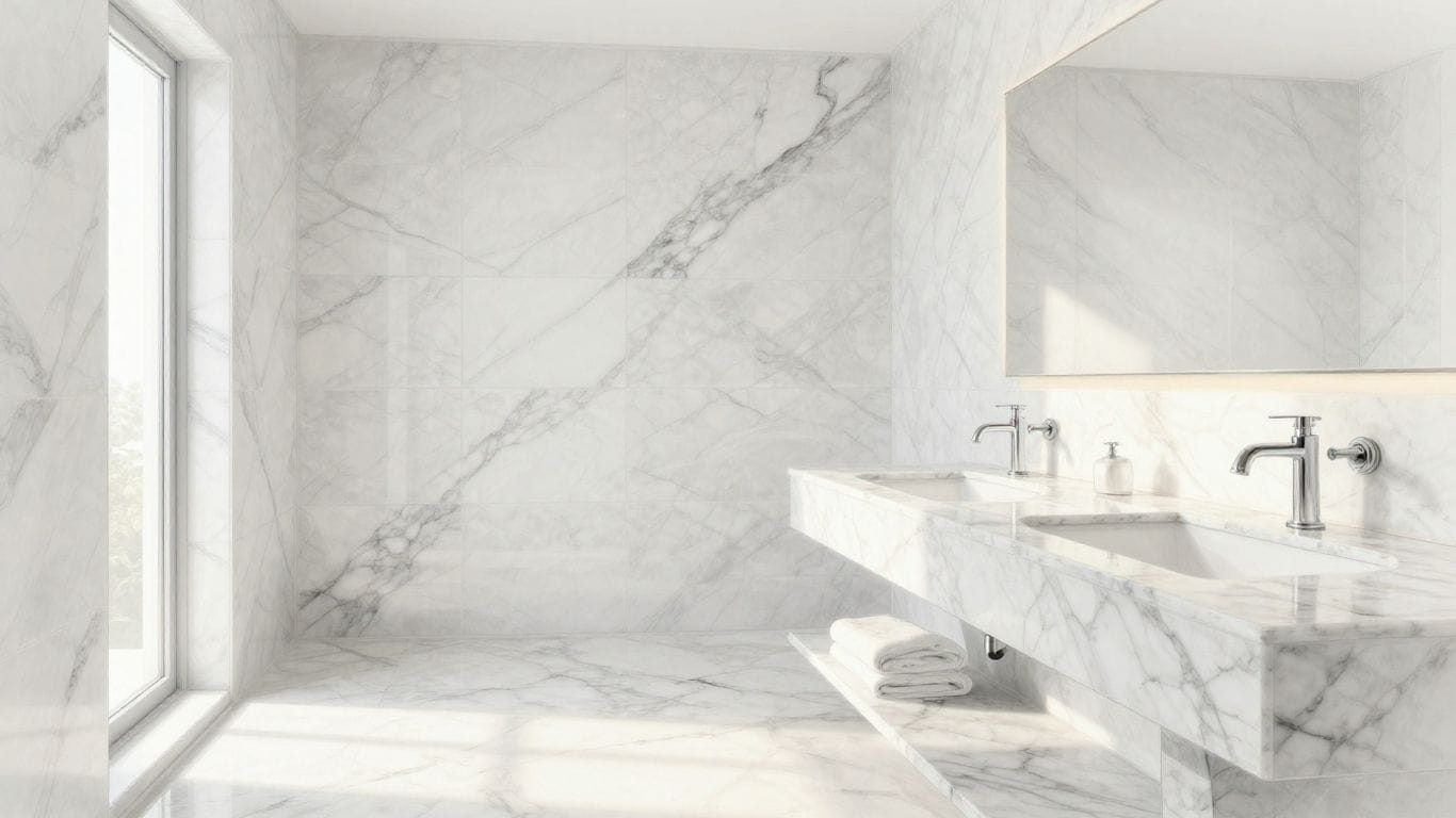Thassos white marble tiles in a bright, elegant bathroom.