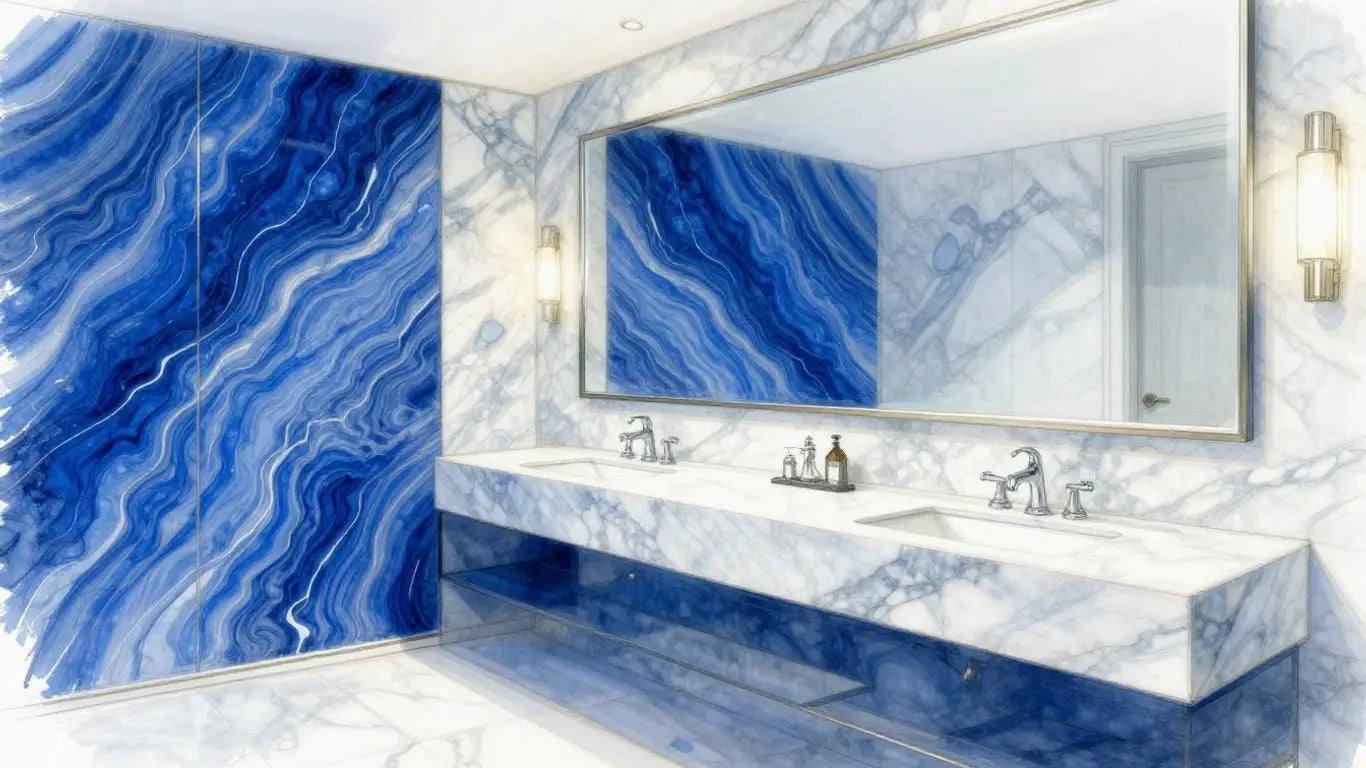 Blue Lagoon marble vanity and wall panel sketch.