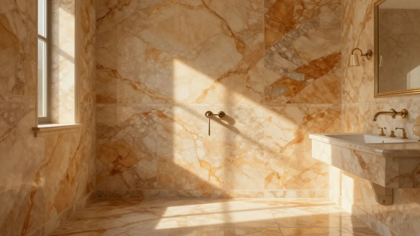 Warm marble tiles in a luxurious bathroom sketch.
