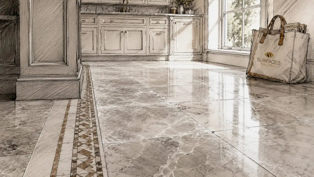 Close-up of marble tiles with visible grout haze film