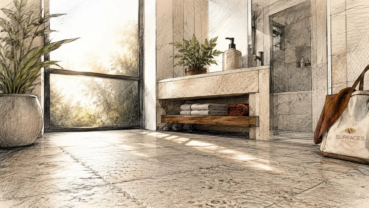 Elegant bathroom with honed marble floor and natural light
