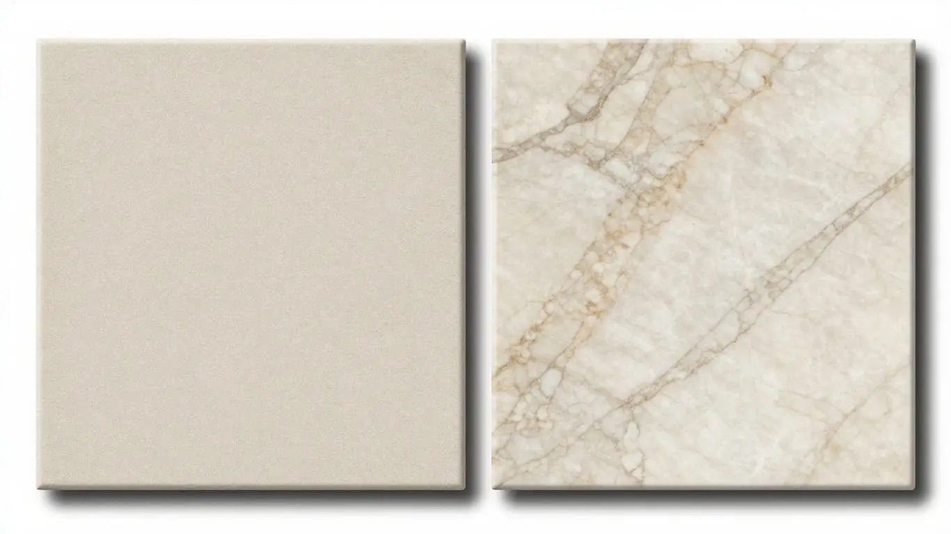 Porcelain versus marble tiles comparison sketch.