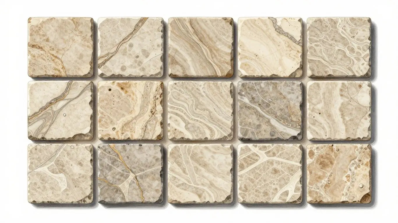 Vein cut travertine tiles with natural patterns.