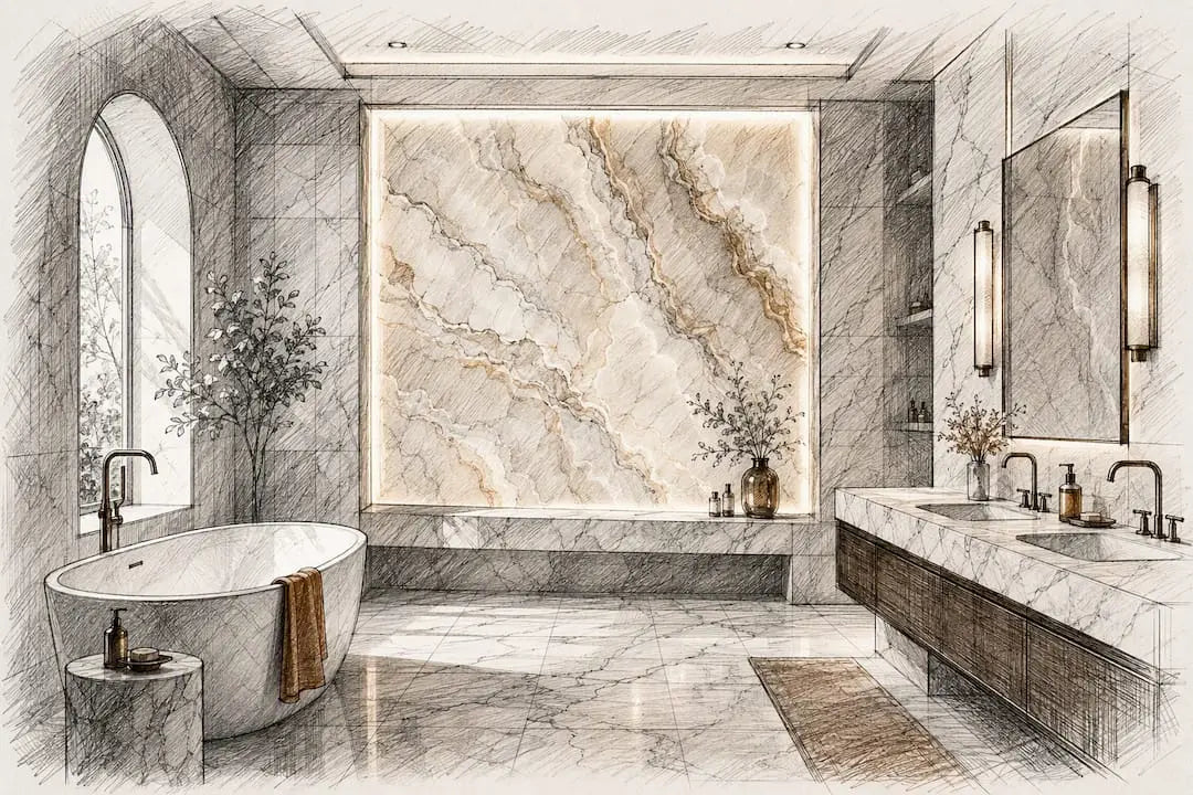 Backlit onyx marble panel in elegant bathroom