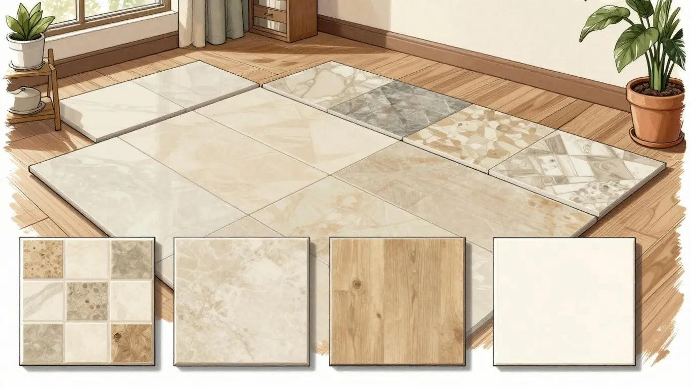 Living room floor with different tile sizes illustrated.